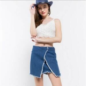 POL frayed hem faux wrap denim mini skirt blue small